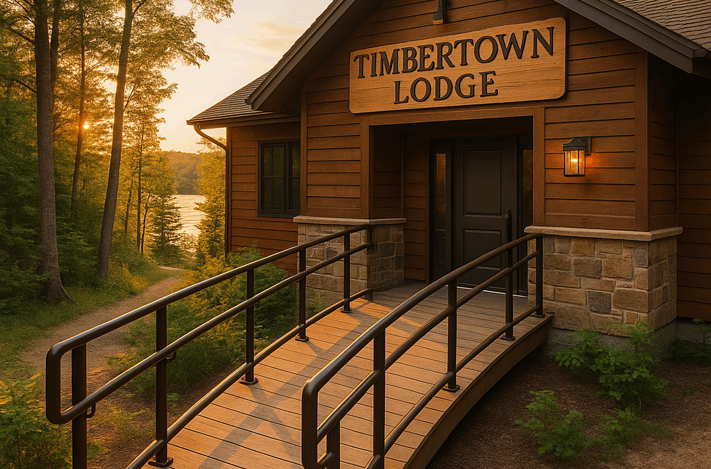 Entrance of Timbertown Lodge featuring an accessible ramp with handrails, illustrating accessible lodging in Michigan.