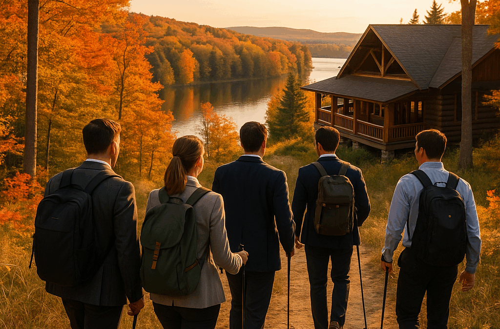 A group participating in corporate team building events amid vibrant fall foliage in Northern Michigan