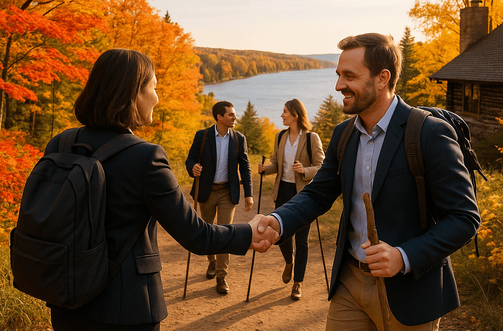 Team building at a fall corporate retreat in Northern Michigan with colorful autumn foliage