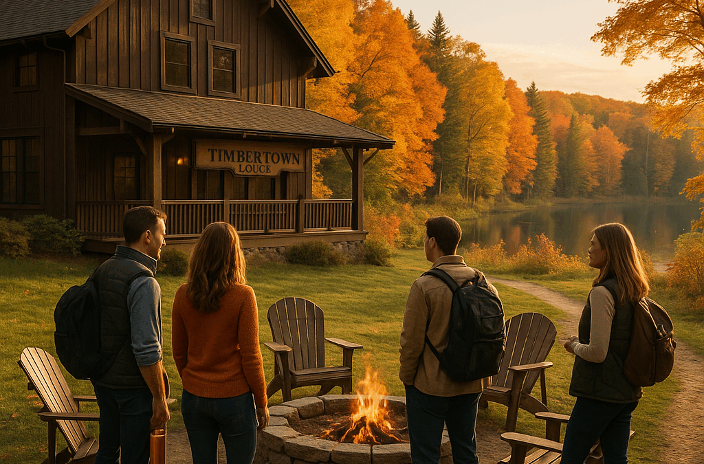 Team enjoying fall corporate team building venue outdoors with autumn foliage at Timbertown Lodge in Michigan
