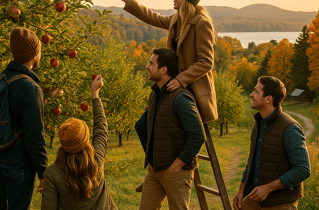 Friends picking apples in a Michigan orchard during fall group activities
