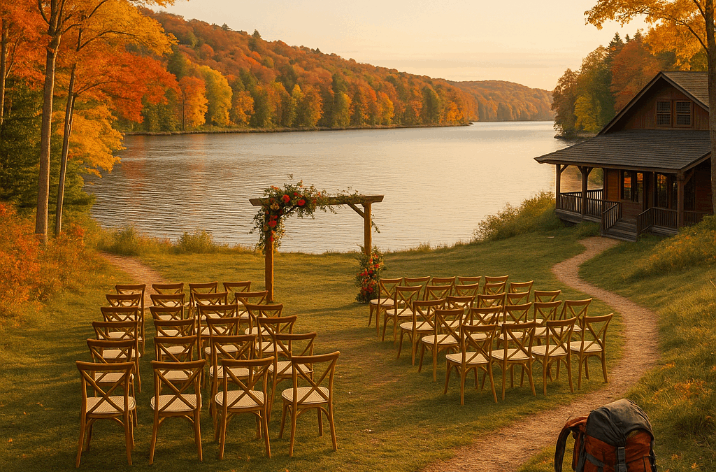A lakeside fall wedding venue in Northern Michigan with colorful autumn foliage
