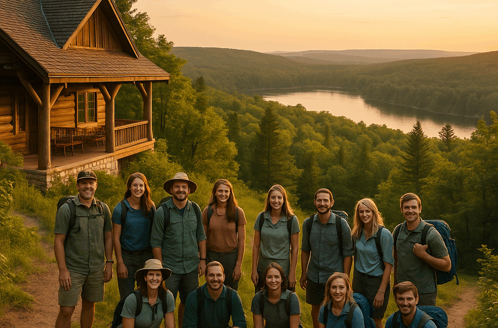 Large group posing at a scenic Northern Michigan location for group photography