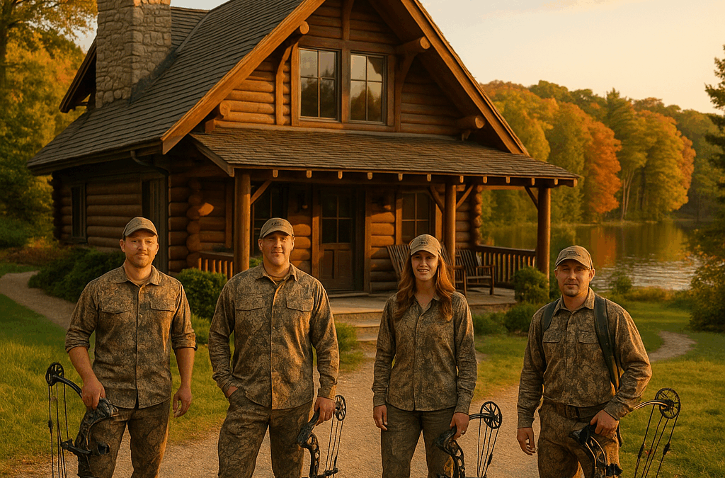 A group of archery hunting lodge group members posing with bows outside a Michigan lodge