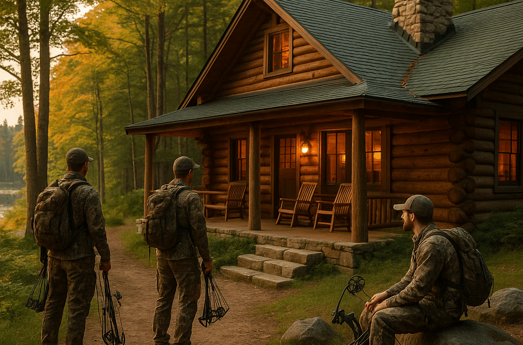 Hunters gathered outside a rustic Michigan bow hunting lodge surrounded by a dense forest