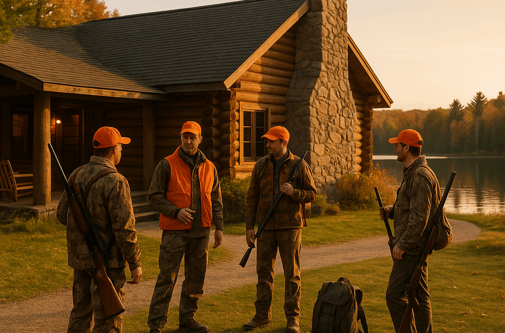 Group of hunters around lodge preparing for Michigan deer hunting season