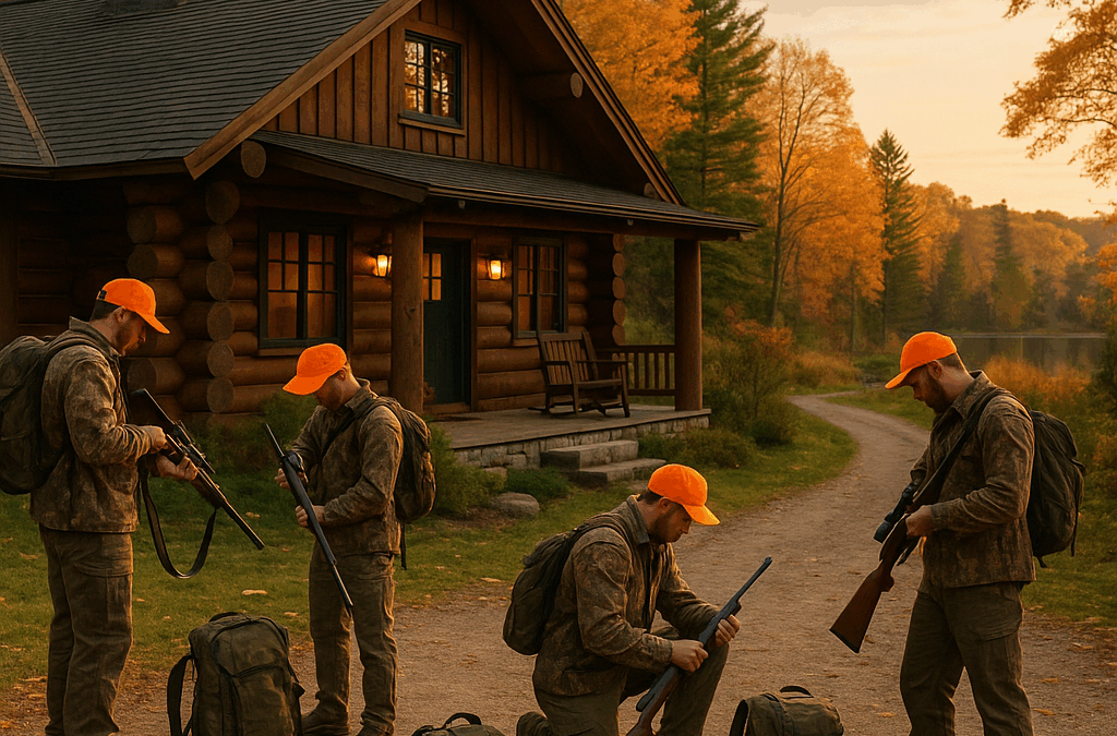 Group of hunters preparing equipment outside Michigan deer hunting lodge in fall