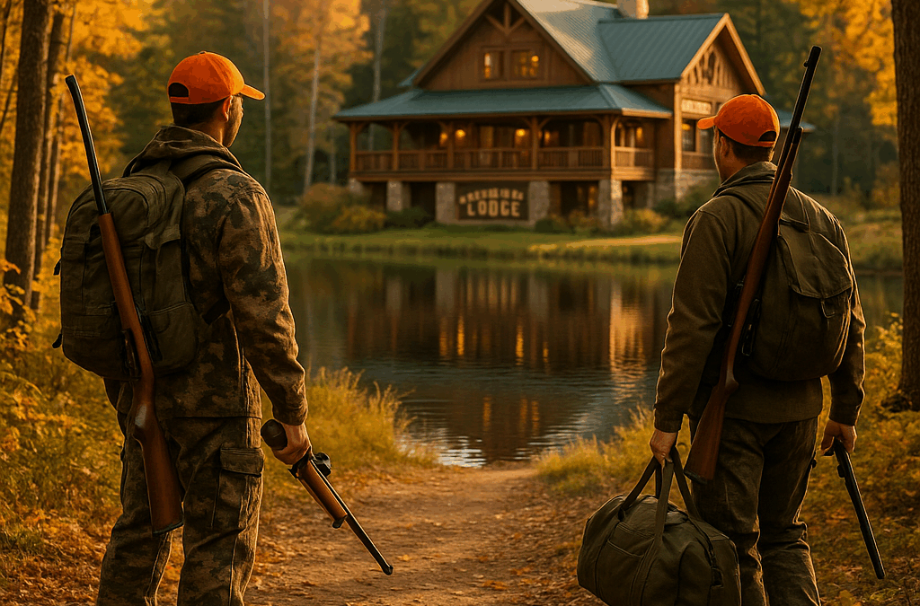 Hunters preparing for Michigan deer hunting season 2025 in a forest landscape with Timbertown Lodge in the background