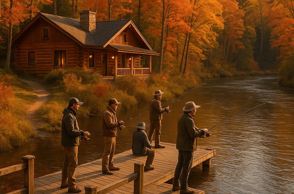 Group of anglers fishing from a Michigan fall fishing lodge dock on a river surrounded by autumn foliage