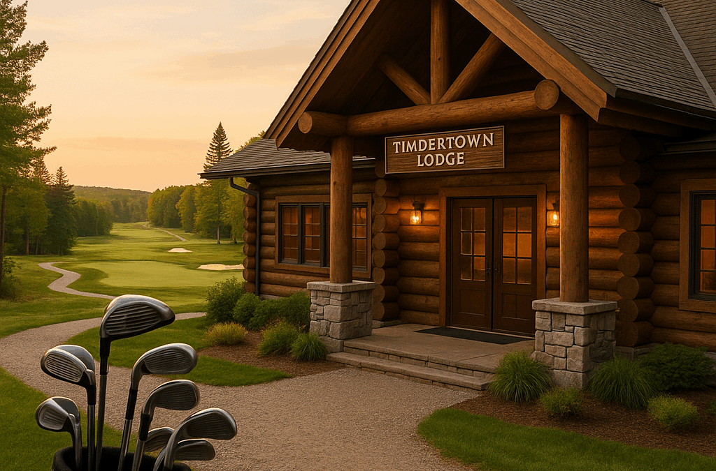Exterior view of Timbertown Lodge showcasing Michigan golf tournament lodging with golf clubs and scenic course in background
