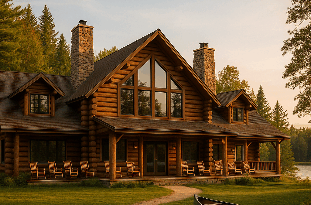 Exterior view of the Michigan group hunting lodge at Timbertown in Lewiston, showcasing the spacious lodge accommodating large hunting parties