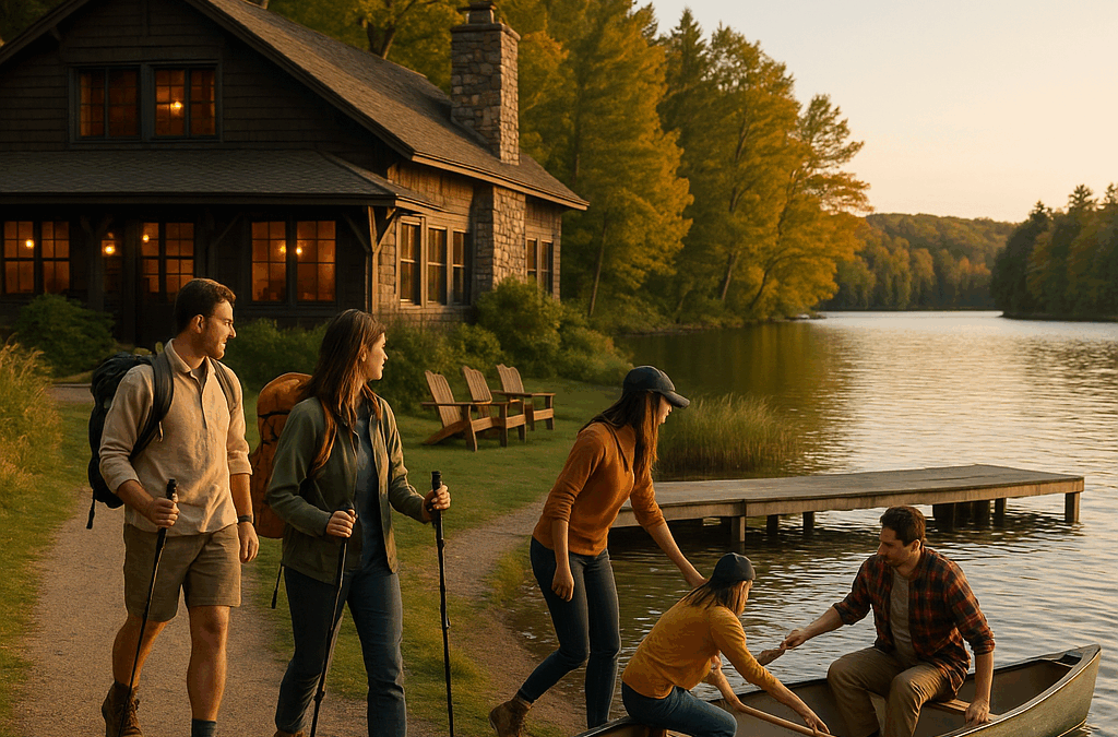 Group enjoying outdoor activities by a lakeside lodge in Northern Michigan during a budget-friendly Michigan group vacation