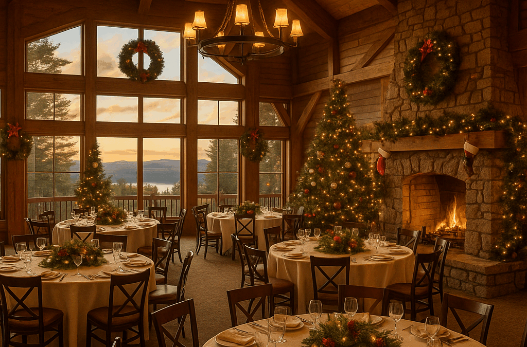 Festively decorated lodge interior showcasing Michigan holiday party venues for large group celebrations