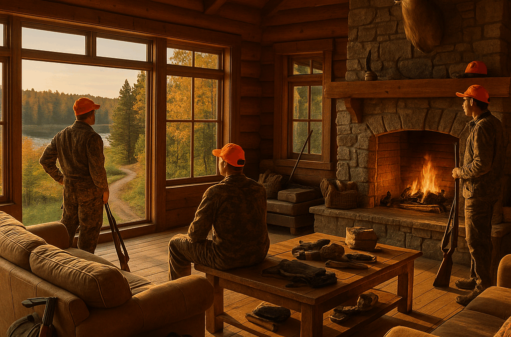 Hunters enjoying group lodging at a Michigan hunting lodge with spacious interior and hunting gear