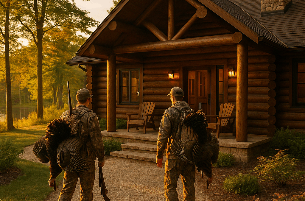 Hunters standing outside a Michigan turkey hunting lodge in a forest setting