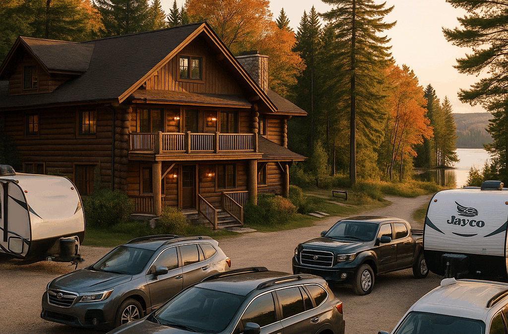 Michigan vacation rental parking area with vehicles and RV trailers at a Northern Michigan lodge