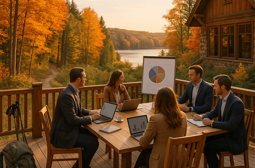 Team meeting in a corporate fall retreat venue in Northern Michigan surrounded by autumn trees