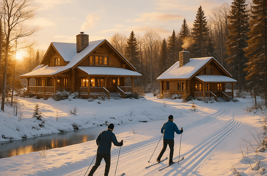 Cross country ski lodges with groomed snow trails and skiers in a Northern Michigan winter landscape