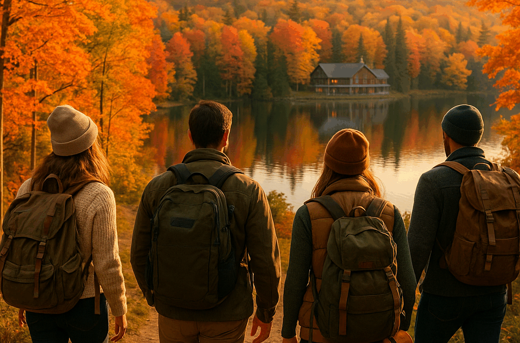Group of friends enjoying Northern Michigan fall vacations amid colorful autumn foliage