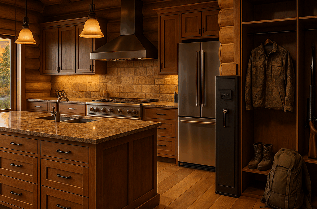 Interior view of a Northern Michigan hunting lodge showcasing chef-grade kitchen and secure gear storage amenities