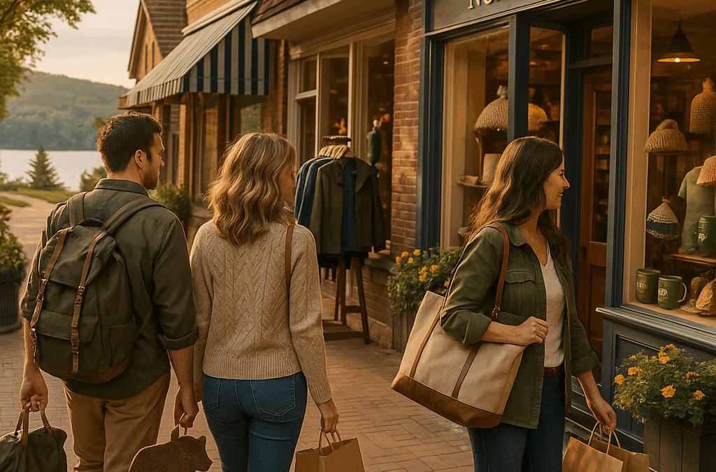 Group shopping experience in a Northern Michigan downtown district with boutique storefronts and local goods
