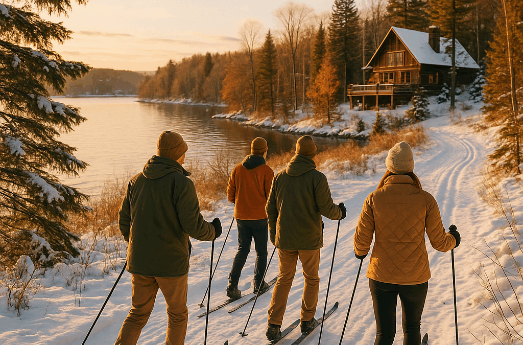Group of friends skiing on a snow-covered trail during a Northern Michigan winter vacation