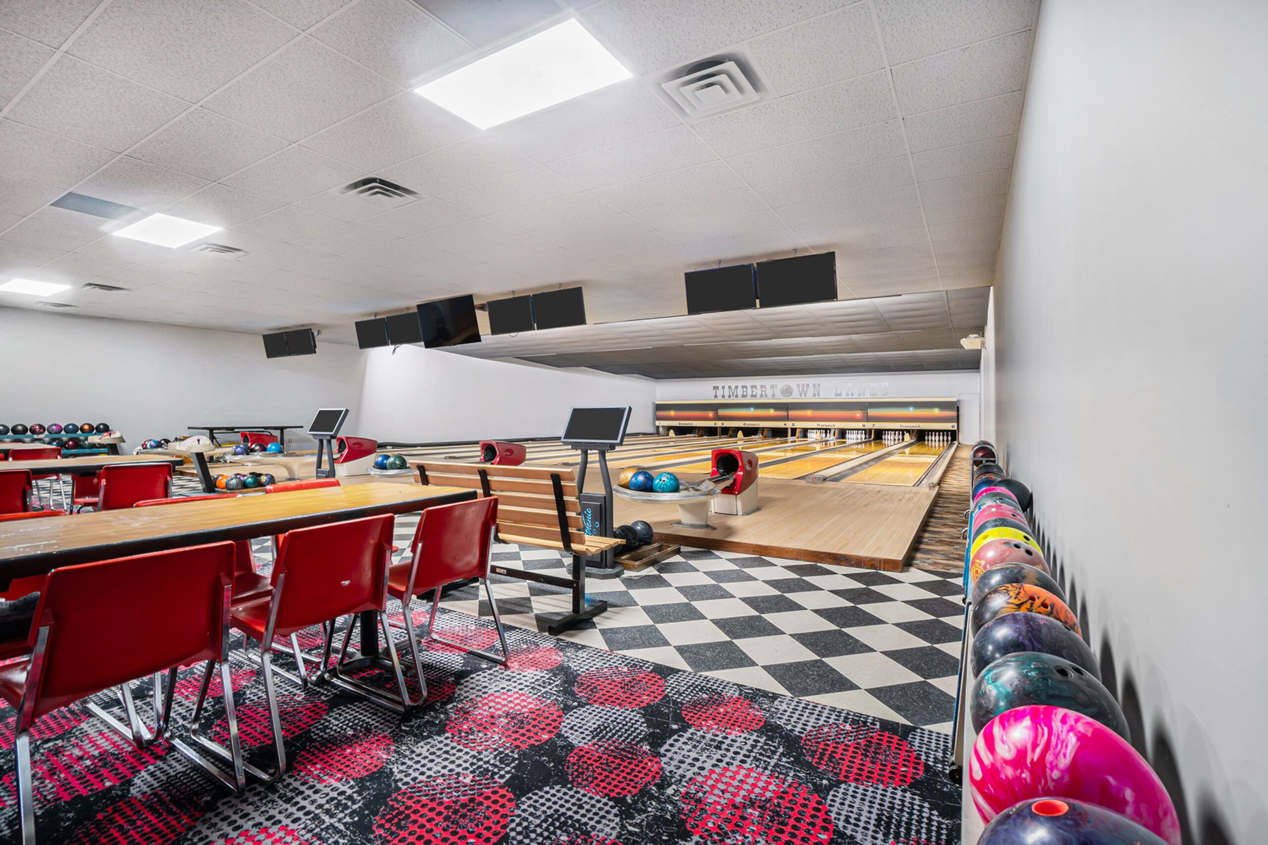 Interior view of Timbertown Lodge's 8-lane bowling alley in Lewiston, Michigan.