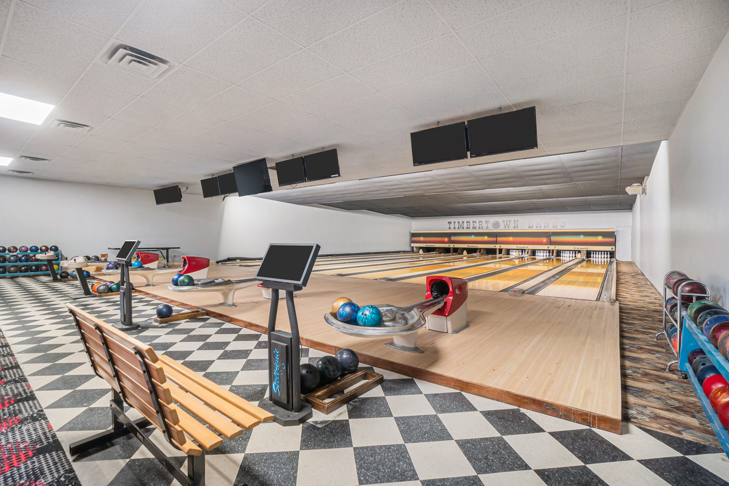 Eight-lane bowling alley at Timbertown Lodge and Lanes in Lewiston, Michigan.