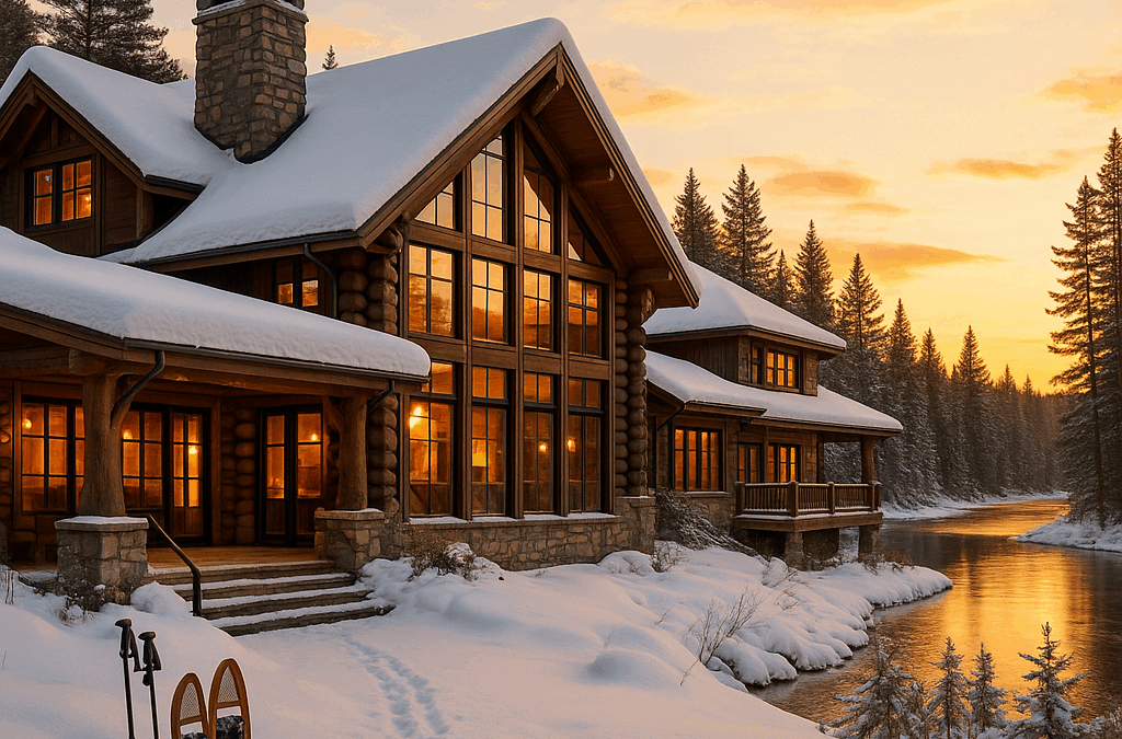 Snow-covered lodge exterior in Northern Michigan showcasing a winter corporate retreat venue