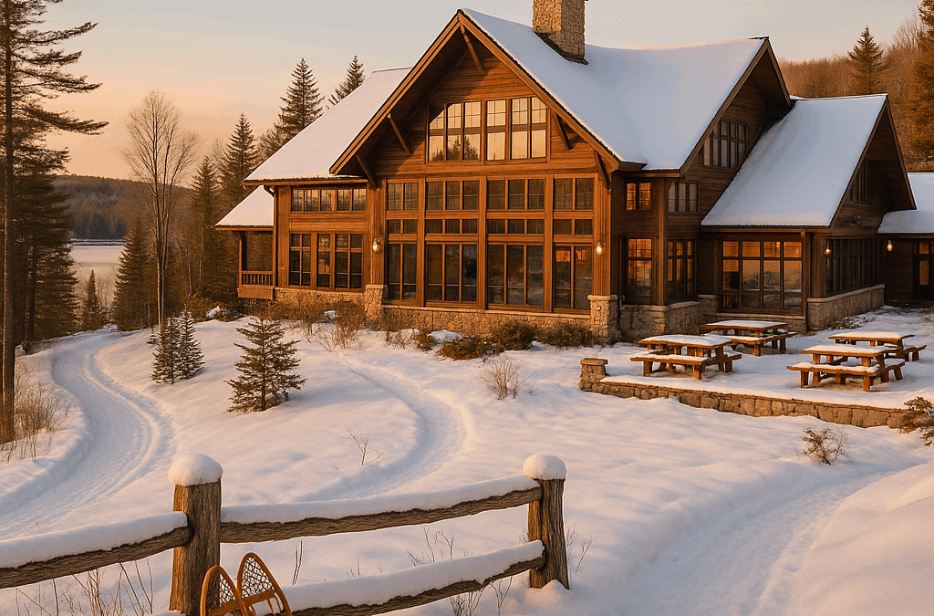 Snow-covered lodge at a winter corporate retreat venue in Northern Michigan with meeting and team-building facilities