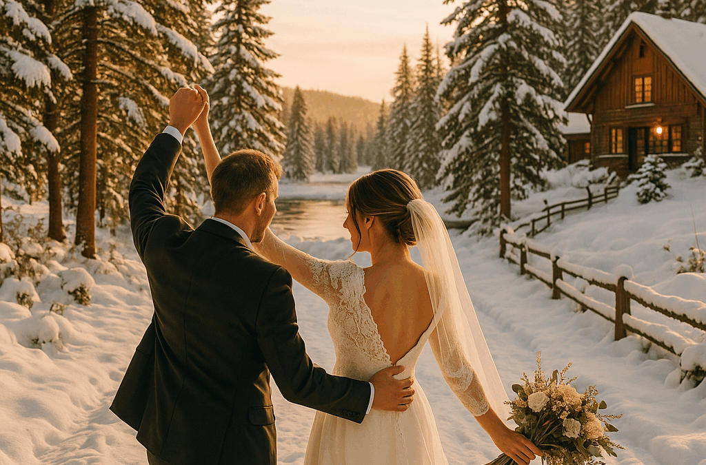 Couple celebrating their wedding surrounded by snow-covered pines at a winter wedding venue in Northern Michigan.